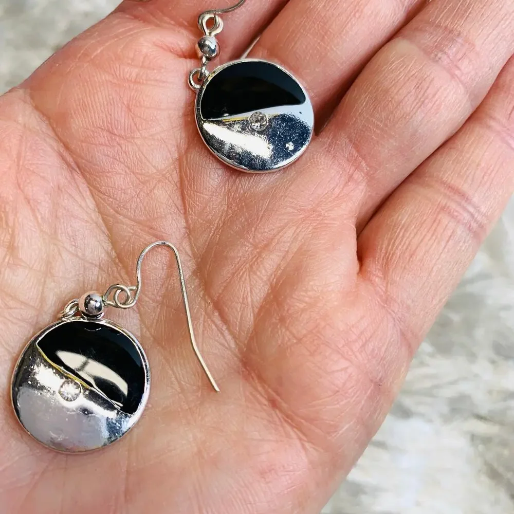 y2k Black Silver Inlaid Disc Dangle Earrings 1.5